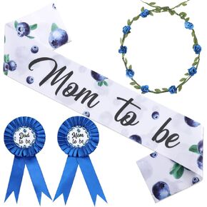 Serencatcher Blueberry Baby Shower Decorations, Berry Sweet Blueberry Mom to Be Sash Blue Berries Mom Dad to Be Pin Flower Crown Headband for A Berry Sweet Baby Is on the Way Baby Shower Party Favors