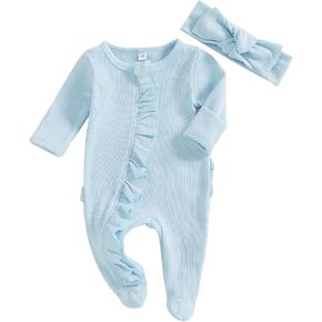 Newborn Baby Girl Clothes Footie Ruffle Trim Zipper Romper Jumpsuit Bodysuit Headband Coming Home Hospital Outfits