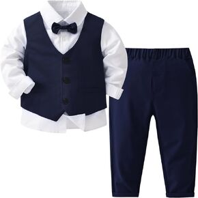 Baby Boys Gentleman Suits 4 PCS Kids Formal Wedding Tuxedo Outfits Long Sleeve Shirt with Bow Tie+Vest+Pants Set