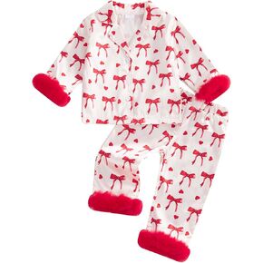 Toddler Baby Girl Valentines Day Pajamas 2 Piece Satin Silk Pajama Set Little Kid Girls Heart&Bow Pjs Nightgown