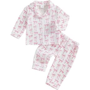 MAINESAKA Toddler Baby Girl Button Down Pajamas Cotton Linen Bow Print Long Sleeve Pjs Sets Fall Sleepwear Loungewear