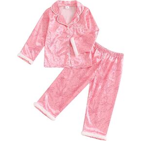 Kids Girls Pajamas Baby Short/Long Sleeve Bow Print Button Down Tops Pants Satin Silk Halloween Christmas Pajamas (Bow Print Pink, 2-3 Years)