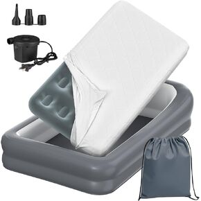 Inflatable Toddler Travel Bed, Portable Kids Air Mattress with Soft Bed Sheet, Toddler Air Mattress with Surround Safety Bumpers, Ideal for Home Use or Travel, Includes Pump and Carry Bag
