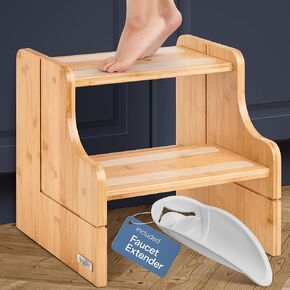 Small Step Stool, Safe, Durable, Bamboo Step Stool Kids, 200lb Capacity Wooden Step Stool for Toddlers, Toddler Step Stool for Bathroom Sink, Two Step Stool - w/Faucet Extender (Natural)