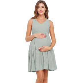 LaClef Womens Sleeveless Empire Waist Maternity Dot Dress with Pockets