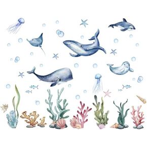 Ocean-Themed Wall Stickers for Kids' Room，Featuring Whales, Dolphins & Jellyfish Easy Peel & Stick,Removable Wall Sticker,DIY Wall Decals Perfect for Kids Room,Girls Room,Home Wall and Nursery Décor