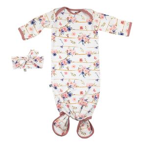 Handmade baby girl gown and headband set floral design (0-3 months, Pink and lilac floral)