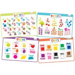 merka Kids Placemat for Dining Table, 4 Pack Educational Silicone Placemat for Toddlers, Reusable, Washable Mat with Non-Slip Back for Learning Letters, Numbers, Shapes, Colors, 17 x 11 in