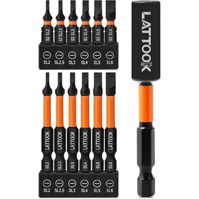 13-Pieces Impact Slotted Bit Set, LATTOOK 1/4'' Hex Shank Slotted Screwdriver Bit Set Flat Head Bits, Magnetic S2 Steel, 2.3'' & 1'' Long, SL2, SL2.5, SL3, SL4, SL5, SL6