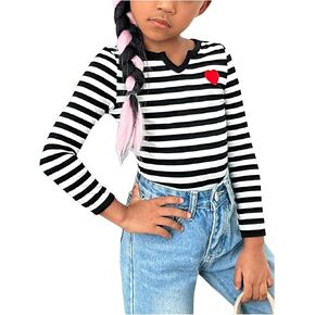COZYEASE Girl's Striped Long Sleeve T-Shirts Casual Heart Print Graphic Tee Tops