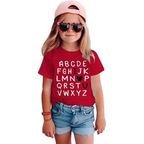 Toddler Valentine's Day Shirt ABC I Love U Baby Boy Girls Tshirt Love Heart V-Day Outfit Kids Short Sleeve Tee Tops