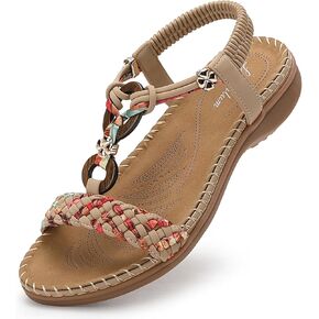 Littleplum Women Sandals Slides Handmade Bohemian Braided Flat Sandals Comfort Walking Fashion Beach Dressy Ankle Elastic Summer Shoes