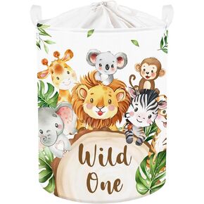 Clastyle 45L Large White Jungle Animals Elephant Kid Laundry Hamper with Handle Collapsible Lion Koala Giraffe Clothes Toy Storage Basket with Lid for Nursery