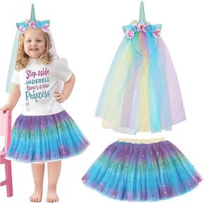 Two-Piece-Set Baby Girls Layered Tutu Skirt Blue Purple Sparkling Sequin Tulle Skirt for Little Girls Dress Up with Pink Unicorn Tutu Headband, for 1-3 Year