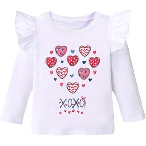 Toddler Girls Valentine Day Shirt Kids Vday Tee Shirt Love Heart Shirt for Girl XOXO Holiday Ruffle Long Sleeve T-Shirt 2-7T