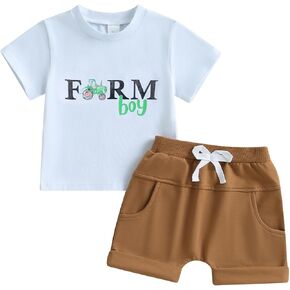 Kupretty Baby Boy Clothes Toddler Summer Funny Letter Graphic T-Shirt Shirts + Pockets Shorts Set Vintage Farm Outfit