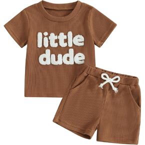 Toddler Baby Boy Summer Clothes Embroidered Waffle Short Sleeve T-Shirts Elastic Shorts Newborn Infant Boy Outfits in Kuwait