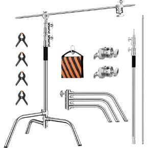 Heavy Duty C Stand 6.9ft/210cm with Holding Arm Sandbag Grip Head Stainless Steel Photography Light Stand C-Stand Sturdy for Photography Studio Video Monolight Softbox Shooting（Silver）