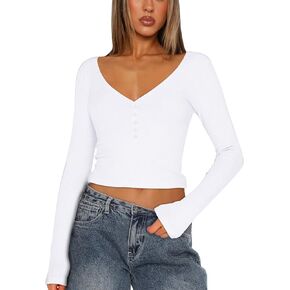 Women Long Sleeve V Neck Ribbed Crop Tight Shirts Button Down Cami Tops Slim Fit Y2k Cropped Going Out Tops