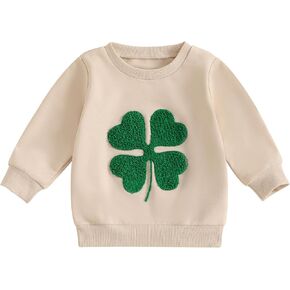 Toddler Baby Boy Girl St Patrick's Day Outfit Fuzzy Clover Embroidery Crewneck Sweatshirt Long Sleeve Pullover Top