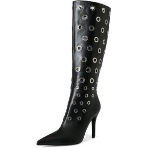 Bapolee Women's Pointed Toe Pull On Zipper Knee Boots Metal Rings Design Stiletto Heel Comfort Black Leather Mid Calf Boots