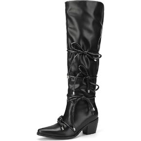 Over The Knee High Boots With Bowknot 2.56 Inch Block Heel Elegant Pointed Toe Black Tall Boot With Side Zip Fashion Wide Calf Design Comfortable Dress Shoes For Office Party