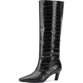 Women'S Fashion Crocodile Knee Boots Wide Version Square Toe Kitten Stiletto Party Dancing Boots High Boots