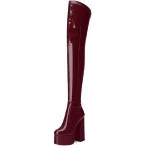 WAYDERNS Over the Knee Boots for Women Patent Leather Platform Block High Heel Round Toe 5.9 Inch Side Zipper Long Boots Sexy Dating Party Evening Thigh High Boots