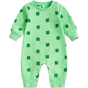 Muasaaluxi Newborn Baby Girl Boy St Patricks Day Outfit Four Leaf Clover Romper Long Sleeve Bodysuit Jumpsuit 0-18M