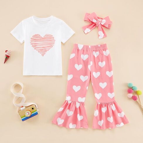 طفل فتاة عيد الحب يوم الحب الحب تي شيرت جرس جرس السراويل السفلية عقال 3pcs الملابس الصيفية مجموعة 1-6T in Saudi Arabia