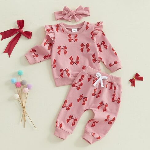Toddler Baby Girl Valentine's Day Outfits Letter Print Flying Sleeve Sweatshirt with Heart Pattern Pants Headband in Saudi Arabia