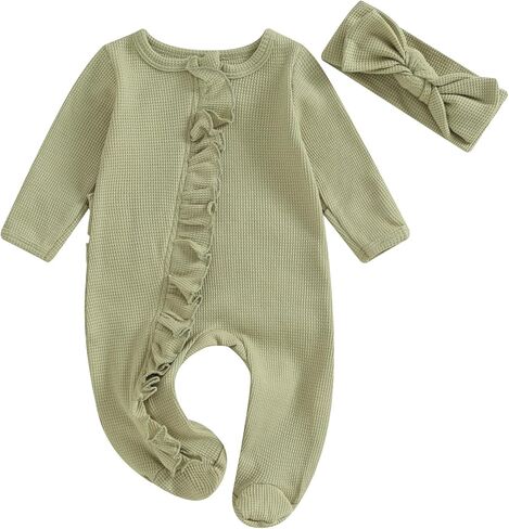 Newborn Baby Girl Clothes Footie Ruffle Trim Zipper Romper Jumpsuit Bodysuit Headband Coming Home Hospital Outfits in Kuwait
