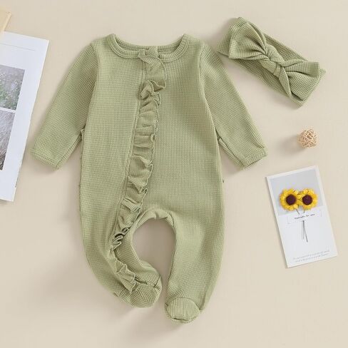 Newborn Baby Girl Clothes Footie Ruffle Trim Zipper Romper Jumpsuit Bodysuit Headband Coming Home Hospital Outfits in Kuwait