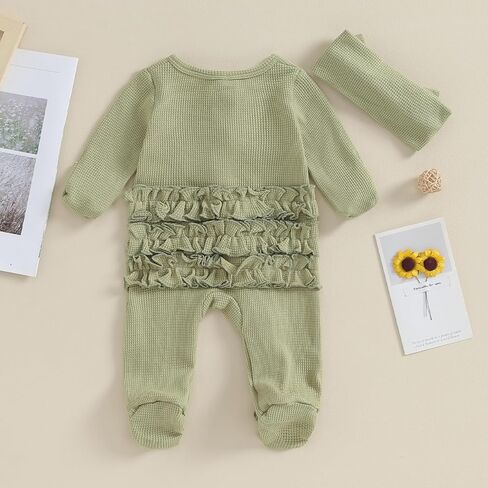 Newborn Baby Girl Clothes Footie Ruffle Trim Zipper Romper Jumpsuit Bodysuit Headband Coming Home Hospital Outfits in Kuwait