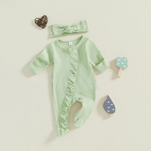 Newborn Baby Girl Clothes Footie Ruffle Trim Zipper Romper Jumpsuit Bodysuit Headband Coming Home Hospital Outfits in Kuwait