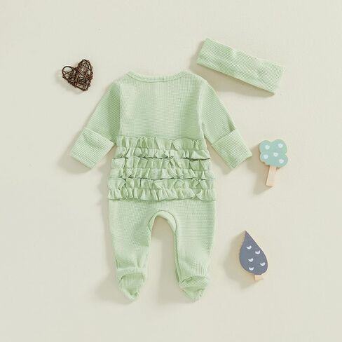 Newborn Baby Girl Clothes Footie Ruffle Trim Zipper Romper Jumpsuit Bodysuit Headband Coming Home Hospital Outfits in Kuwait