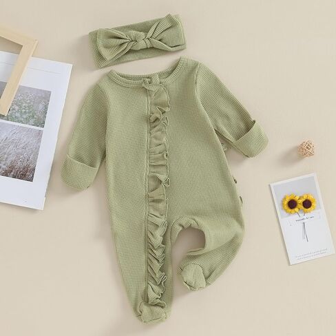 Newborn Baby Girl Clothes Footie Ruffle Trim Zipper Romper Jumpsuit Bodysuit Headband Coming Home Hospital Outfits in Kuwait