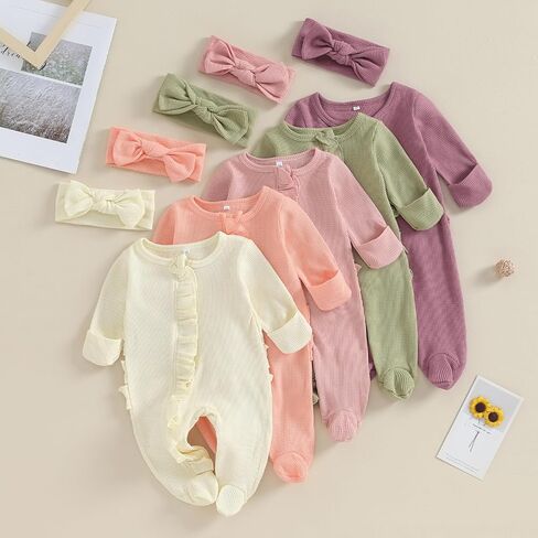 Newborn Baby Girl Clothes Footie Ruffle Trim Zipper Romper Jumpsuit Bodysuit Headband Coming Home Hospital Outfits in Kuwait