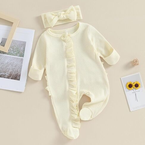 Newborn Baby Girl Clothes Footie Ruffle Trim Zipper Romper Jumpsuit Bodysuit Headband Coming Home Hospital Outfits in Kuwait