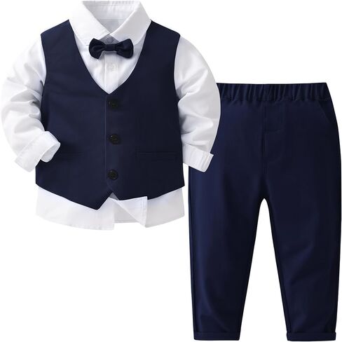 Baby Boys Gentleman Suits 4 PCS Kids Formal Wedding Tuxedo Outfits Long Sleeve Shirt with Bow Tie+Vest+Pants Set in Saudi Arabia