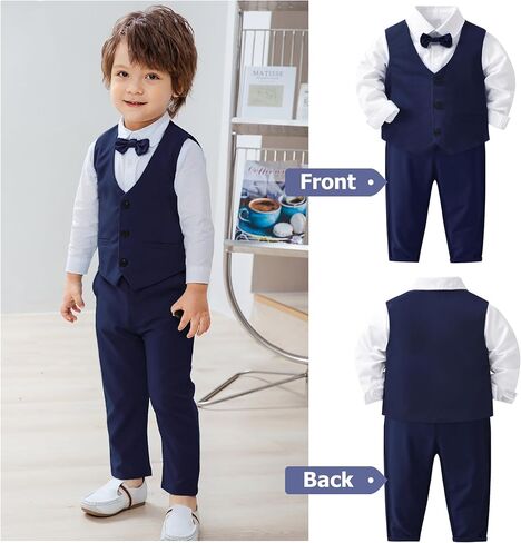 Baby Boys Gentleman Suits 4 PCS Kids Formal Wedding Tuxedo Outfits Long Sleeve Shirt with Bow Tie+Vest+Pants Set in Saudi Arabia
