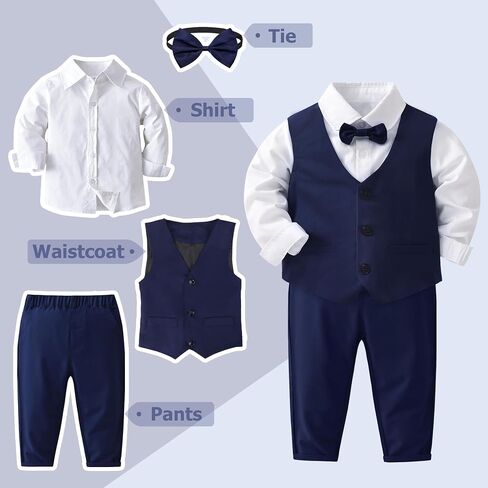 Baby Boys Gentleman Suits 4 PCS Kids Formal Wedding Tuxedo Outfits Long Sleeve Shirt with Bow Tie+Vest+Pants Set in Saudi Arabia
