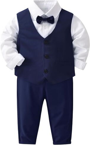 Baby Boys Gentleman Suits 4 PCS Kids Formal Wedding Tuxedo Outfits Long Sleeve Shirt with Bow Tie+Vest+Pants Set in Saudi Arabia