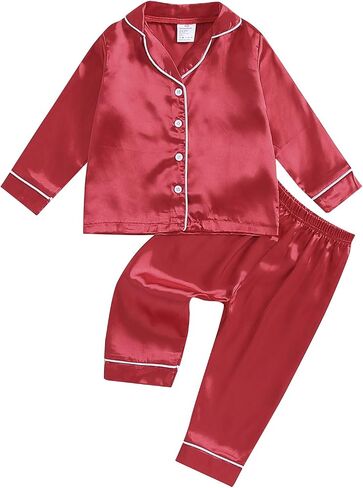 طفل فتاة صغيرة الحرير بيجاماس طفل طويل الأكمام الزر أسفل الساتان الحرير pjs sleepwear الملابس in Kuwait