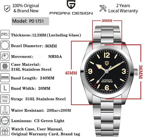 CEYADG Pagani Design Automatic Watches for Men 36mm Stainless Steel Men’s Wristwatch, Sapphire Mechanical Watches, NH35A Movement in Saudi Arabia