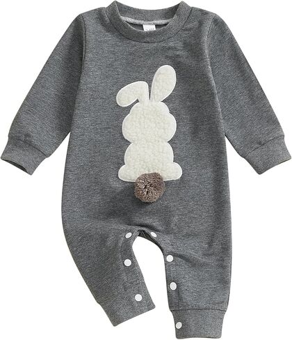 Easter Baby Boy Girl Outfit Embroidery Bunny Rompers Bunny Tail Jumpsuit Unisex Newborn Infant Easter Clothes in Kuwait