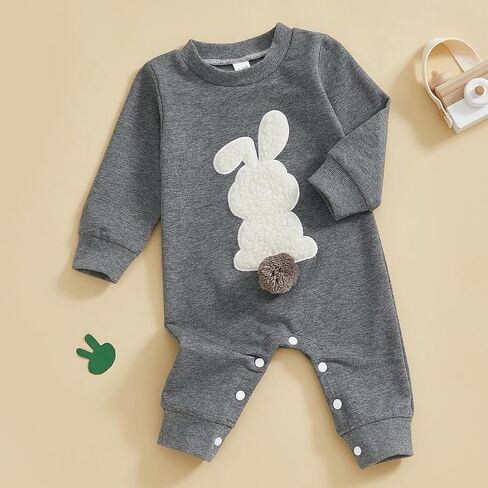 Easter Baby Boy Girl Outfit Embroidery Bunny Rompers Bunny Tail Jumpsuit Unisex Newborn Infant Easter Clothes in Kuwait