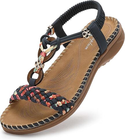 Littleplum Women Sandals Arch Support Handmade Bohemian Braided Flat Sandals Comfort Walking Beach Ankle Elastic Summer Shoes in Kuwait