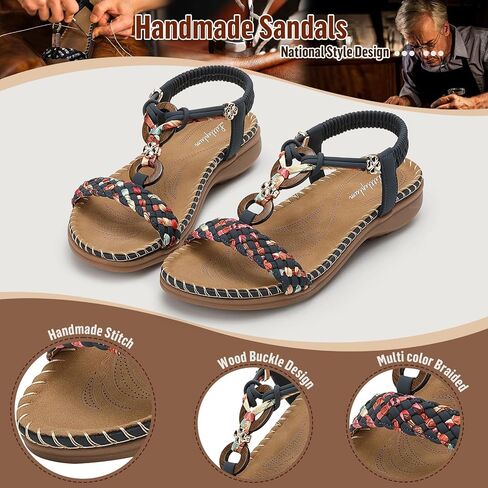 Littleplum Women Sandals Arch Support Handmade Bohemian Braided Flat Sandals Comfort Walking Beach Ankle Elastic Summer Shoes in Kuwait