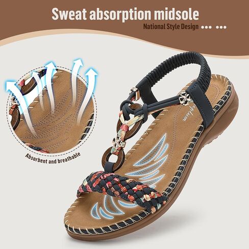 Littleplum Women Sandals Arch Support Handmade Bohemian Braided Flat Sandals Comfort Walking Beach Ankle Elastic Summer Shoes in Kuwait